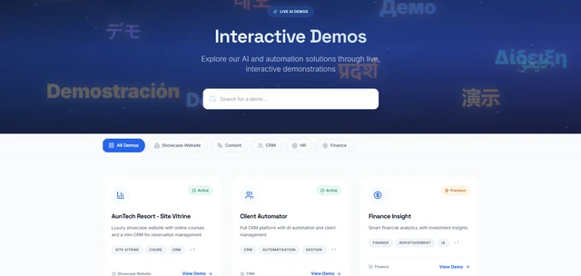 Catálogo experimental de AunTech con conceptos de CRM, recursos humanos y herramientas de negocio